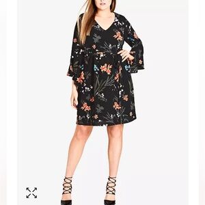 NWT City Chic Sz 20 Women’s Plus Black Floral Bell Long Sleeve Lined Midi Dress!